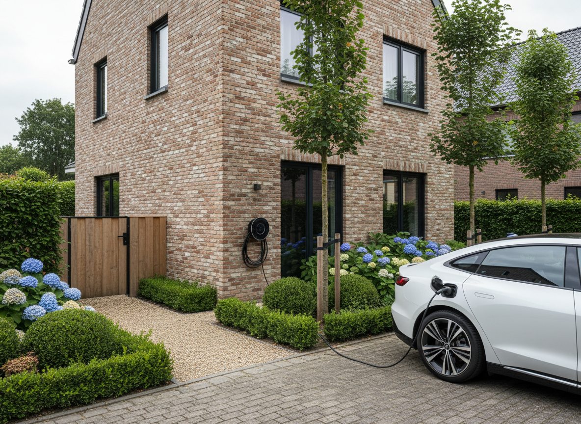 laadpaal installatie bij bakstenen woning in Flandre
