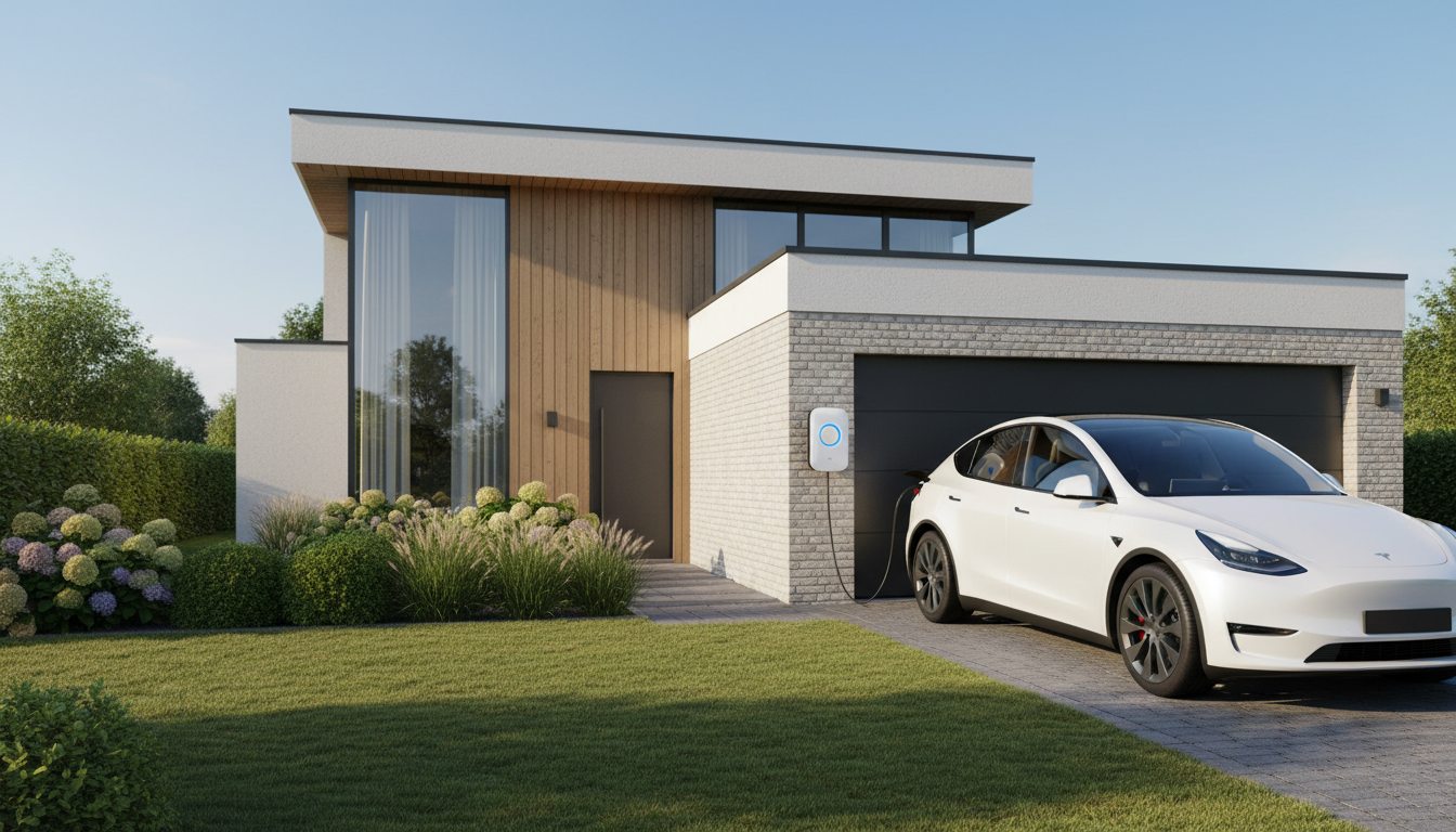 laadpaal installatie bij moderne villa in Flandre in de zomer